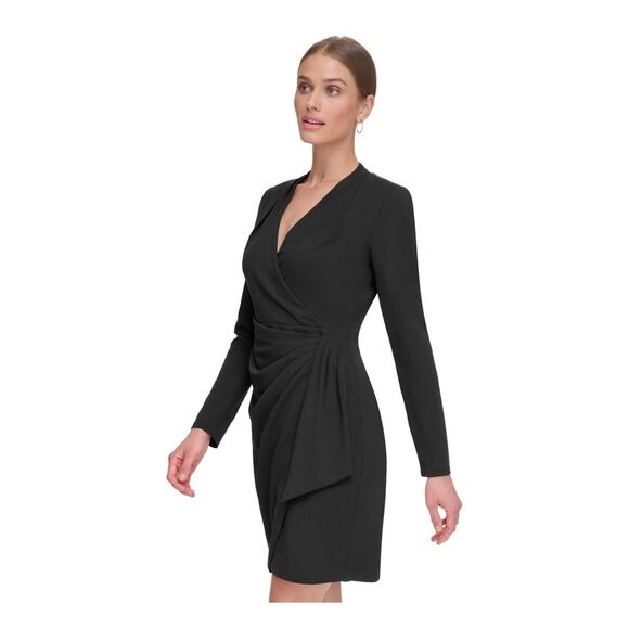 DKNY Womens Black Draped Skirt Long Sleeve Above The Knee Faux Wrap Dress 6 - Picture 3 of 3